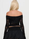 back view of model wearing Princess Polly Dance For Me Off Shoulder Lace Top Black Full Sleeves straight 