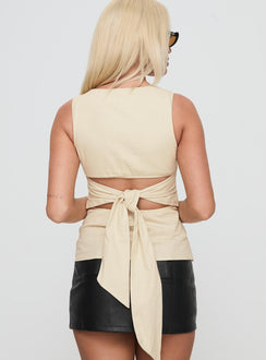 back view of model wearing Princess Polly Michaud Top Cream Sleeveless Crew Neck 