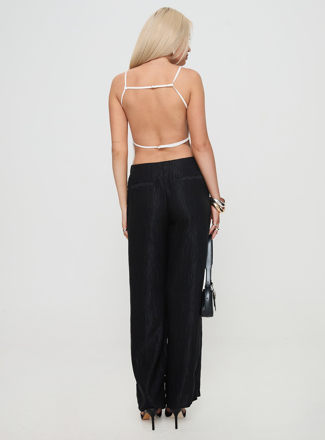 back view of model wearing Princess Polly Bonnet Wide Leg Pants Black 
