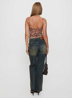 back view of model wearing Princess Polly Inverness Pinched Detail Wide Leg Jean Tea Mid Rise 