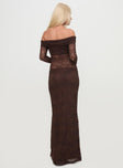 back view of model wearing Princess Polly Make Your Mark Off Shoulder Maxi Dress Chocolate Straight Neck 