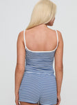 back view of model wearing Princess Polly Winslet Cami Top Blue Stripe Sleeveless Square Neck 