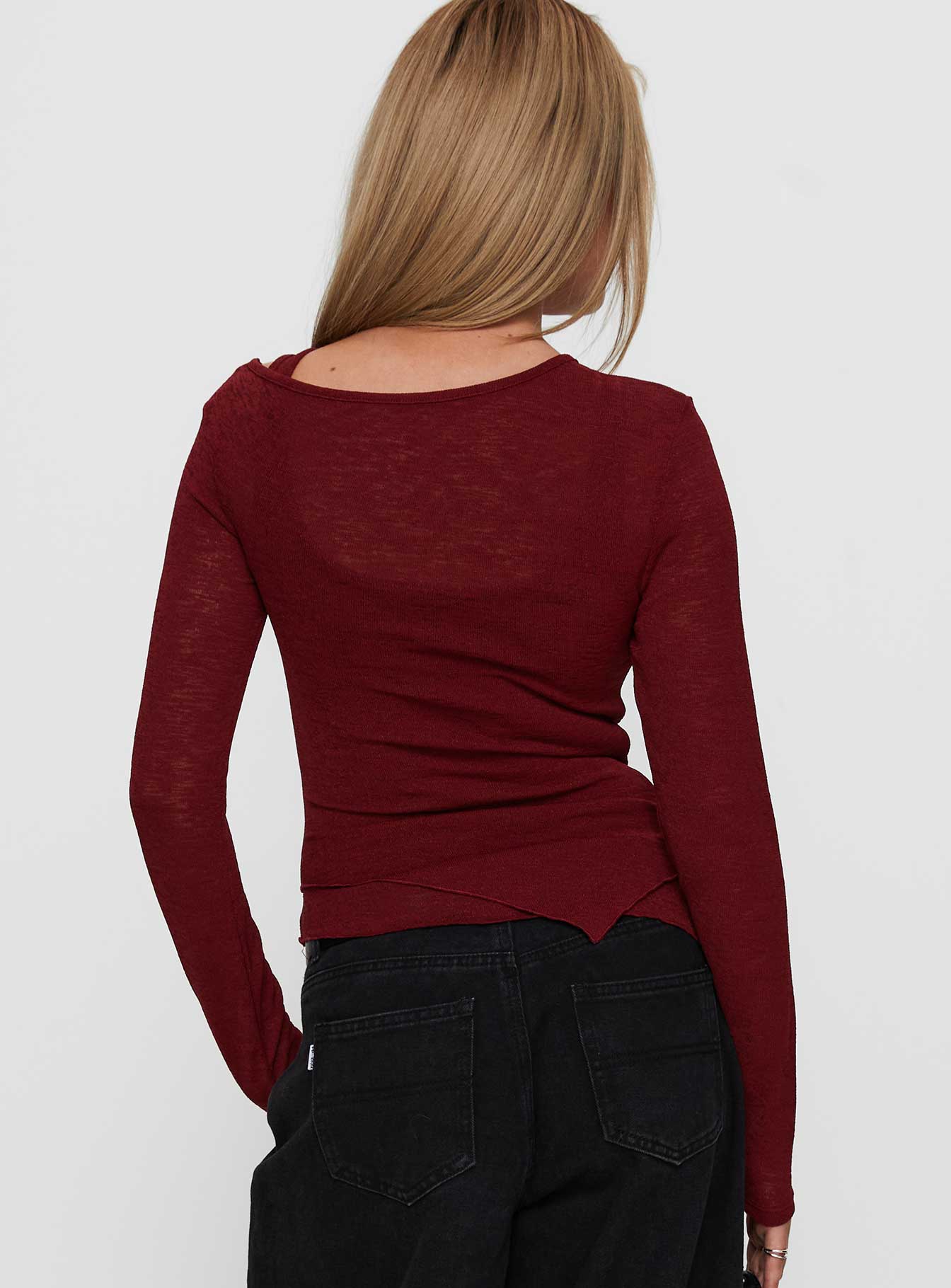 back view of model wearing Princess Polly Lefort Long Sleeve Top Burgundy Full Sleeves Crew Neck 