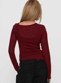 back view of model wearing Princess Polly Lefort Long Sleeve Top Burgundy Full Sleeves Crew Neck 