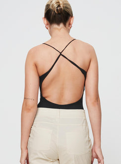 back view of model wearing Princess Polly Wheller Open Back Bodysuit Black Sleeveless Scoop Neck 
