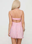 back view of model wearing Princess Polly Granno Mini Dress Pink Sweetheart Neckline 