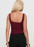 back view of model wearing Princess Polly Lallina Top Burgundy Sleeveless Cowl 