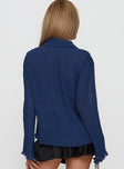 back view of model wearing Princess Polly Selma Shirt Navy Full Sleeves V-Neck 