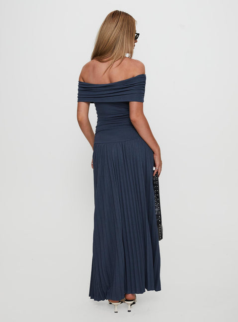 back view of model wearing Princess Polly Field Of Dreams Maxi Dress Navy Straight Neck 
