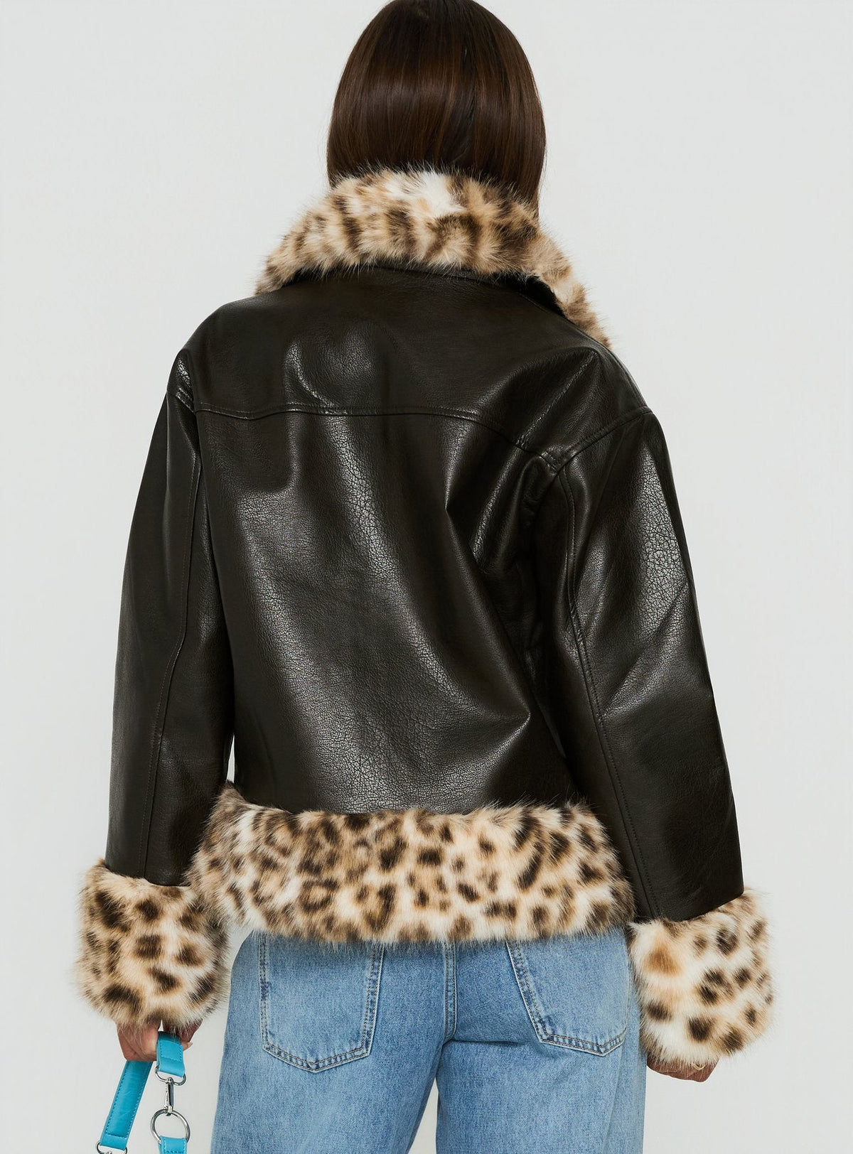 Stevvie Faux Fur Collared Jacket Black / Leopard