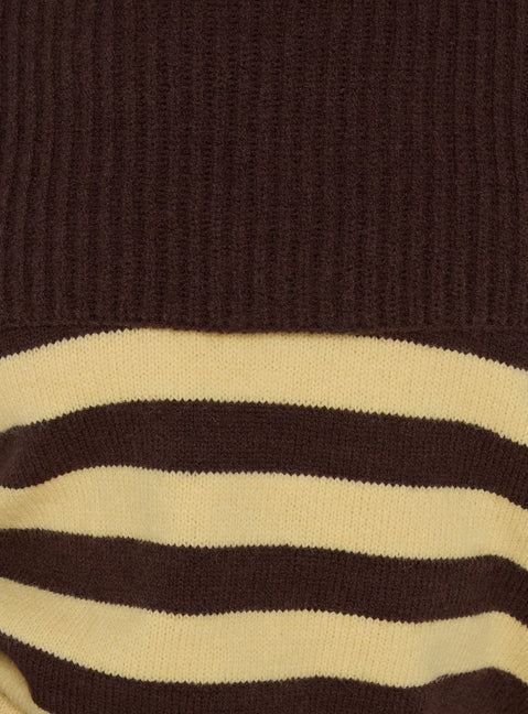 Next Page Foldover Long Sleeve Knit Jumper Brown / Yellow Stripe