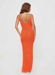 back view of model wearing Princess Polly Lysandre Crochet Maxi Dress Orange Plunger 