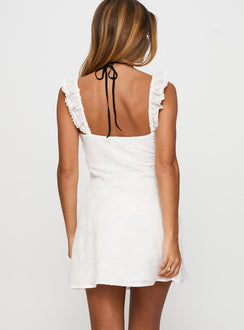 back view of model wearing Princess Polly Beacall Embroidered Mini Dress White V-Neck 