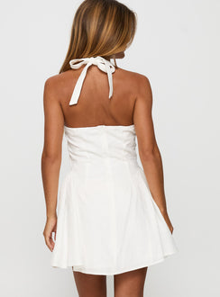 back view of model wearing Princess Polly Sweet Words Halter Mini Dress White Sweetheart Neckline 