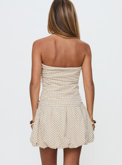 back view of model wearing Princess Polly Abigaille Strapless Bubble Hem Mini Dress Check Straight Neck 