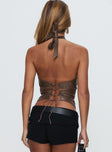 back view of model wearing Princess Polly Treat You Better Ring Detail Faux Leather Top Brown Sleeveless Asymmetric Neckline 