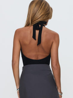 back view of model wearing Princess Polly Feel The Rush Plunge Neck Bodysuit Black Sleeveless 
