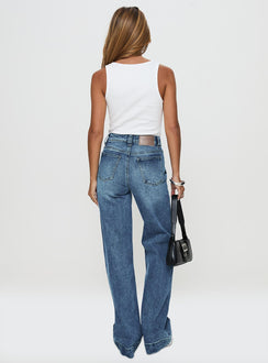 back view of model wearing Princess Polly Carsen Wide Leg Jeans Washed Blue High Waisted 