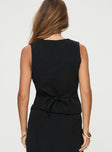 back view of model wearing Princess Polly Ginger Linen Blend Vest Black Sleeveless Plunger 