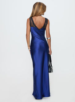 back view of model wearing Princess Polly Voila Lace Maxi Dress Navy / Black V-Neck 