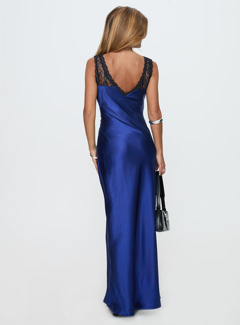 back view of model wearing Princess Polly Voila Lace Maxi Dress Navy / Black V-Neck 