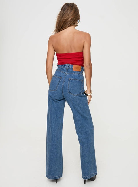 back view of model wearing Princess Polly Zephee Wide Leg Jeans Light Wash High Waisted 