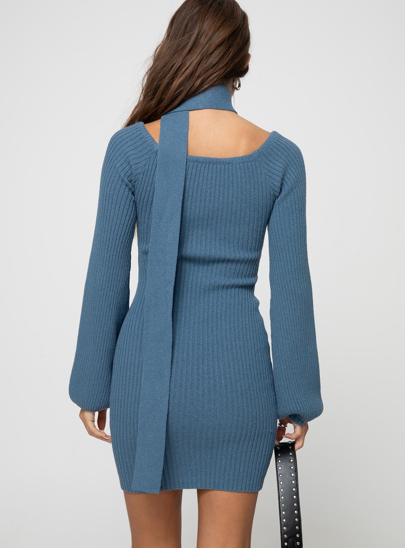 Front view of model wearing  front Princess Polly Square Neck  Dyante Long Sleeve Scarf Mini Dress Blue