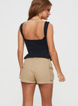 back view of model wearing Princess Polly Superia Cargo Skort Taupe High Waisted Shorts 