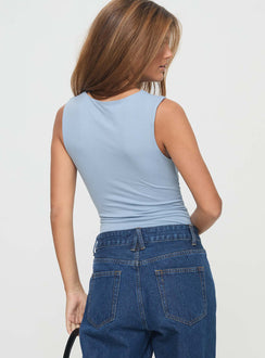 back view of model wearing Princess Polly Josefine Bodysuit Baby Blue Sleeveless High Neck 