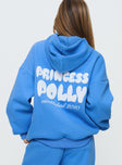 back view of model wearing Princess Polly Princess Polly Hooded Sweatshirt Bubble Text Blue / White 