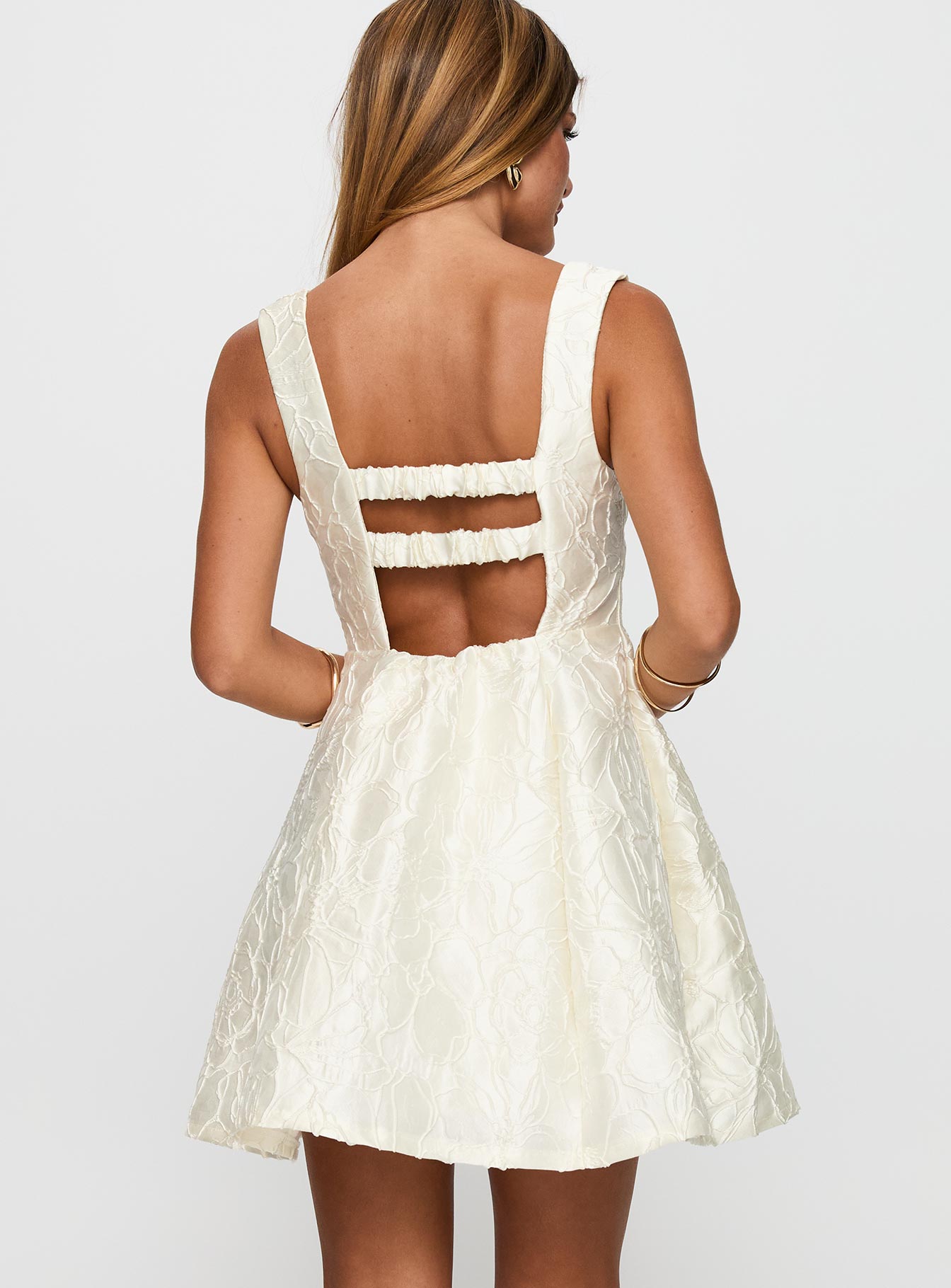 back view of model wearing Princess Polly Eloquent Mini Dress Ivory Square Neck 