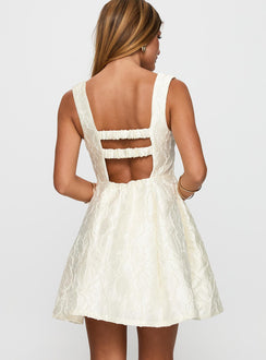 back view of model wearing Princess Polly Eloquent Mini Dress Ivory Square Neck 