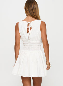 back view of model wearing Princess Polly Yennifer Shirred Broiderie Mini Dress White Crew Neck 