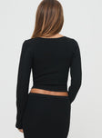 back view of model wearing Princess Polly Memi Long Sleeve Top Black Full Sleeves V-Neck 