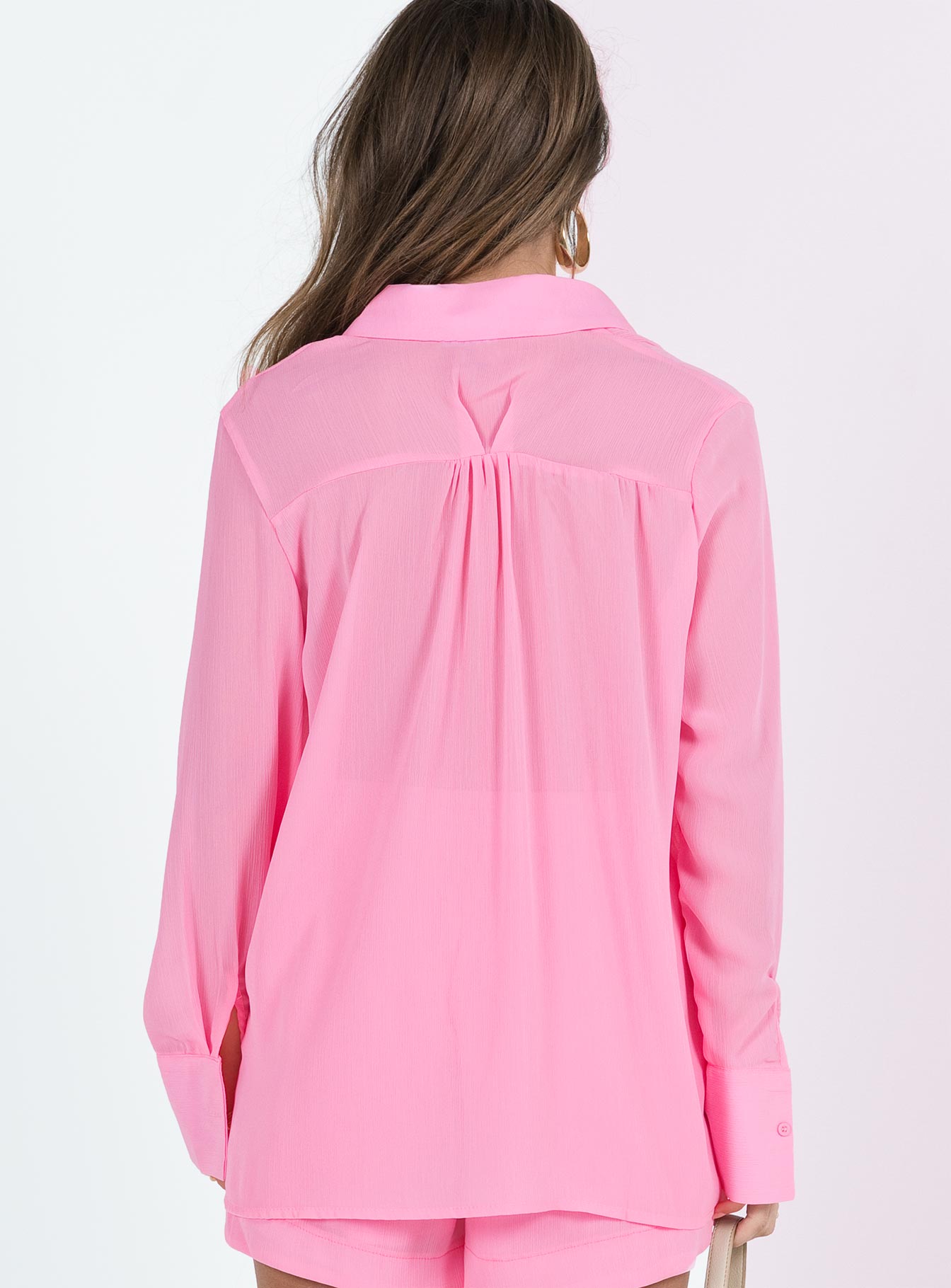 Pink matching set Long sleeve shirt Classic collar Button fastening at front Single chest pocket Shorts Thick elasticated waistband Twin hip pockets