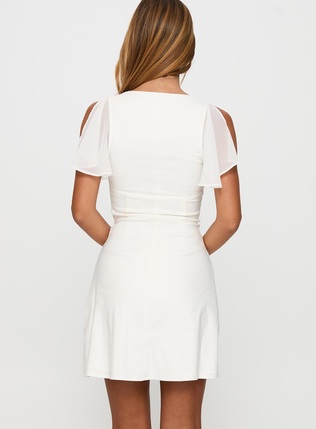 back view of model wearing Princess Polly Florie Corset Mini Dress White Plunger 