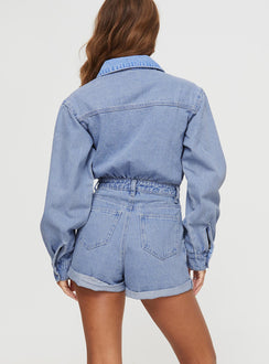 Denim romper Classic collar, button fastening, four pocket design, belt loops at waist
