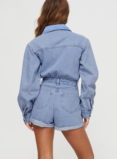 Denim romper Classic collar, button fastening, four pocket design, belt loops at waist