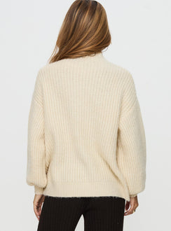 back view of model wearing Princess Polly Wistfully Funnel Neck Knit Sweater Cream Long 