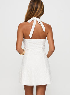back view of model wearing Princess Polly Lovelia Halter Embroidered Mini Dress White V-Neck 