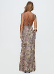 back view of model wearing Princess Polly Sympathize Frill Maxi Split Dress Multi Scoop Neck 