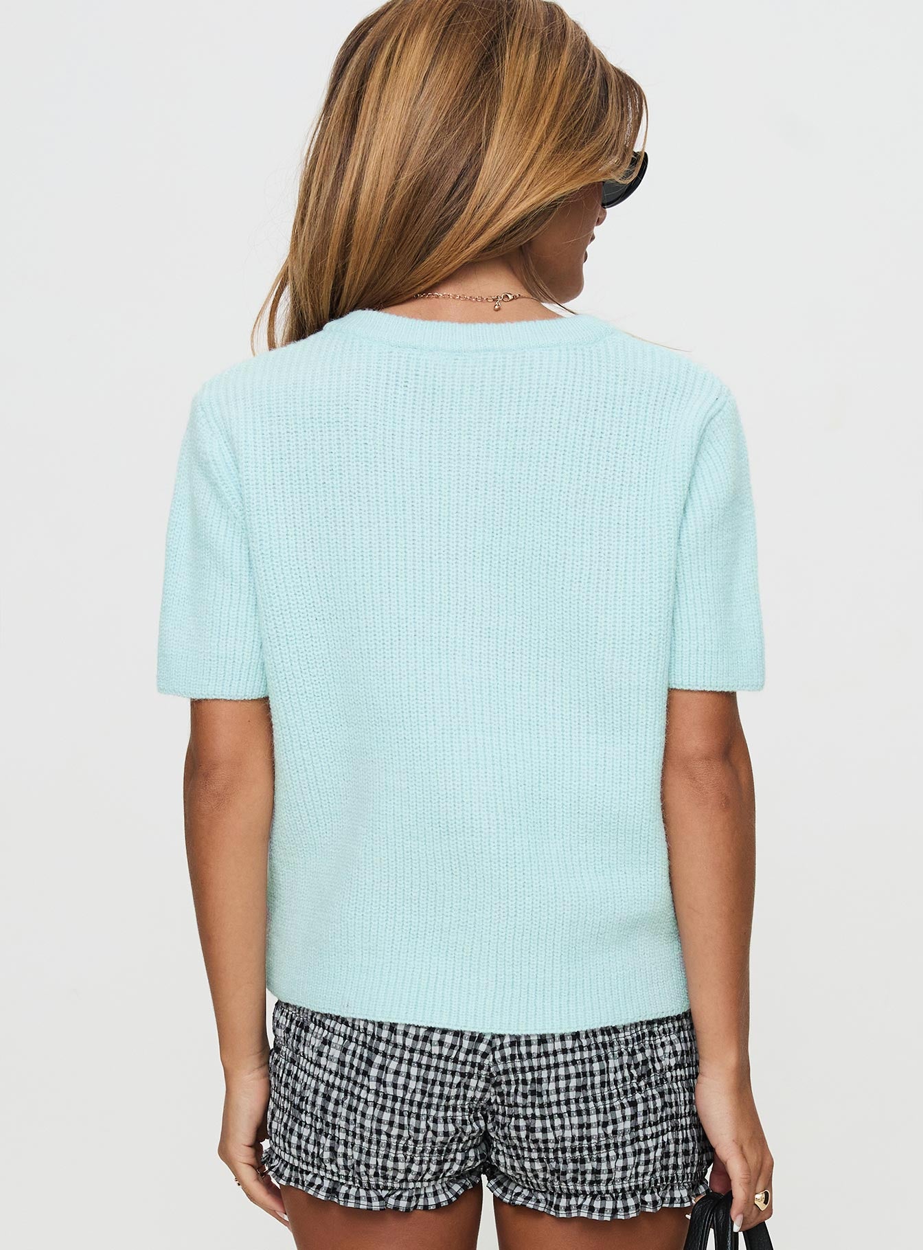 back view of model wearing Princess Polly Wait A Lifetime Short Sleeve Cardigan Blue Cropped 