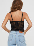 Lace cami top Adjustable shoulder straps, v-neckline, ribbon detail Good stretch, lined bust
