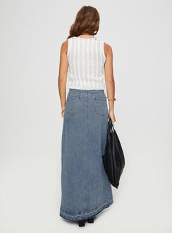 back view of model wearing Princess Polly Deneuve Denim Maxi Skirt Mid Wash Maxi 