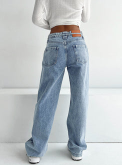 back view of model wearing Princess Polly Pemberton Jeans Mid Wash Denim Tall Mid Rise 