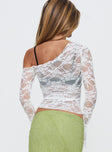 back view of model wearing Princess Polly How Ironic One Shoulder Lace Top Cream Full Sleeves Asymmetric Neckline 