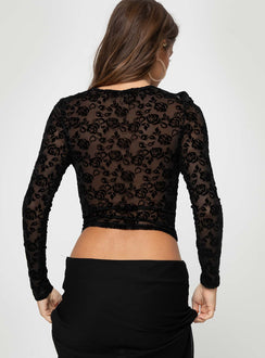 Front view of model wearing  front Princess Polly Full Sleeves Square Neck  Freller Lace Long Sleeve Top Black