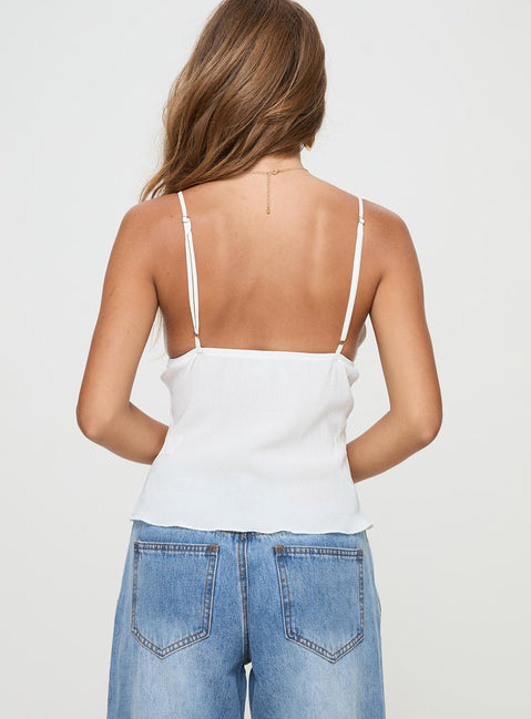 back view of model wearing Princess Polly Dersillie Top White Sleeveless Plunger 