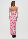 Pink maxi dress Adjustable shoulder straps, lace trim, v-neckline, ruched sides