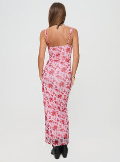 back view of model wearing Princess Polly Cotter Maxi Dress Pink / Floral Sweetheart Neckline 